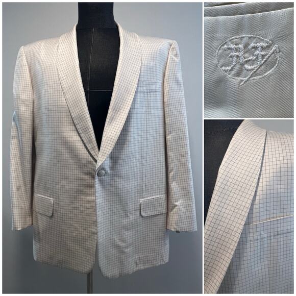 Hickey Freeman 100% Silk 1 Button Blazer Cream & Gray Windowpane Size 44L JP - Picture 1 of 11